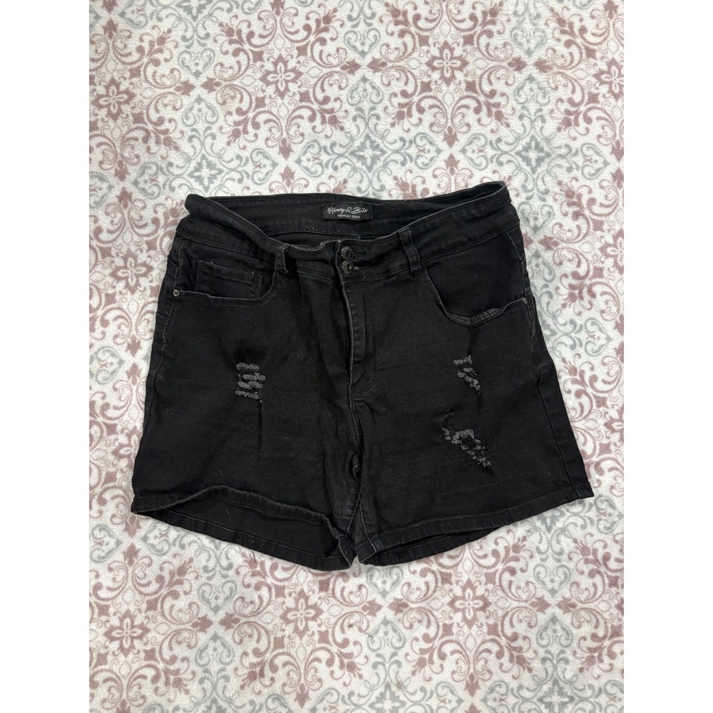 Honey & Bristle Black Distressed Denim Shorts Plus Size 18W High Rise